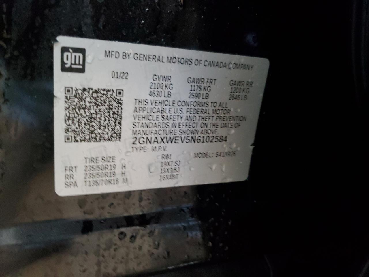 2022 CHEVROLET EQUINOX RS VIN:2GNAXWEV5N6102584