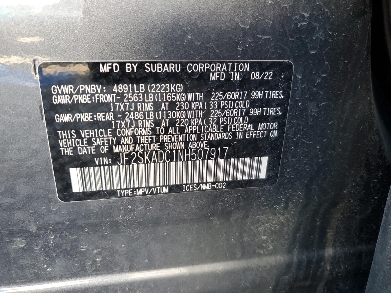 2022 SUBARU FORESTER PREMIUM VIN:JF2SKADC1NH507917