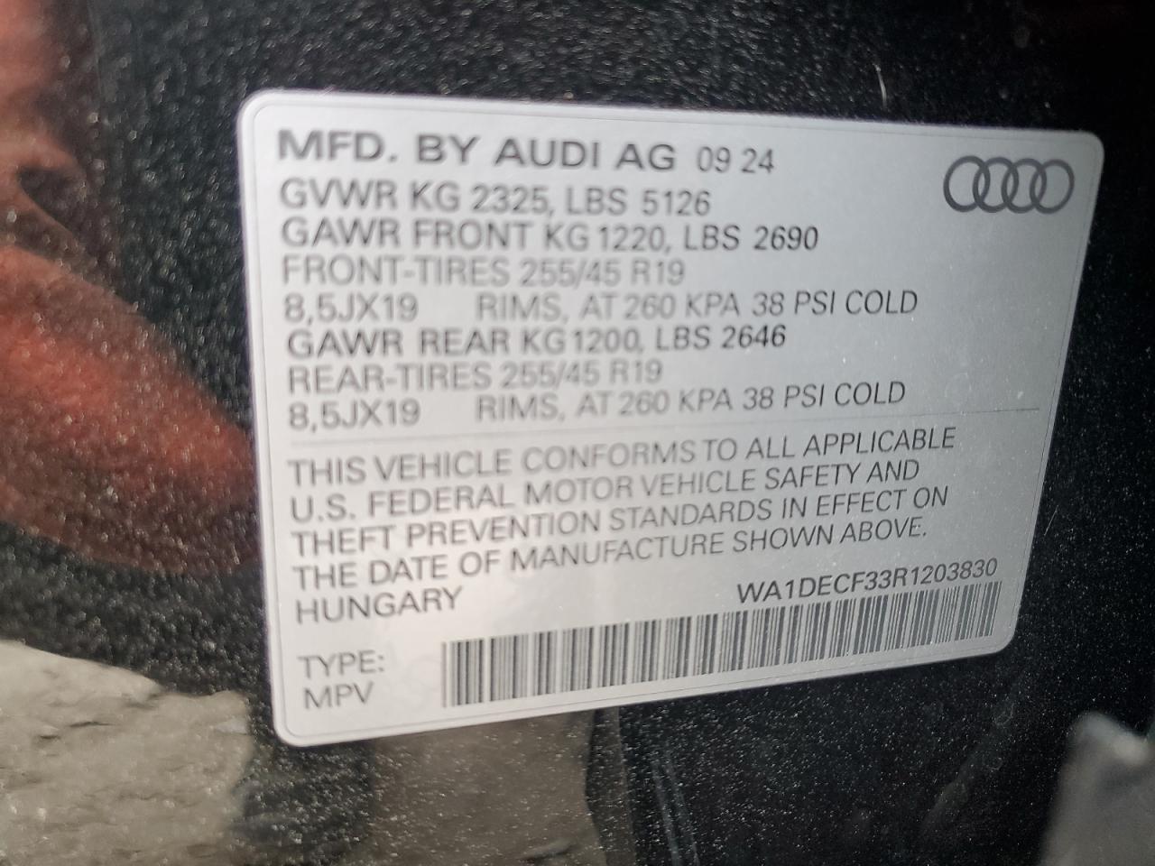 2024 AUDI Q3 PREMIUM S LINE 45 VIN:WA1DECF33R1203830