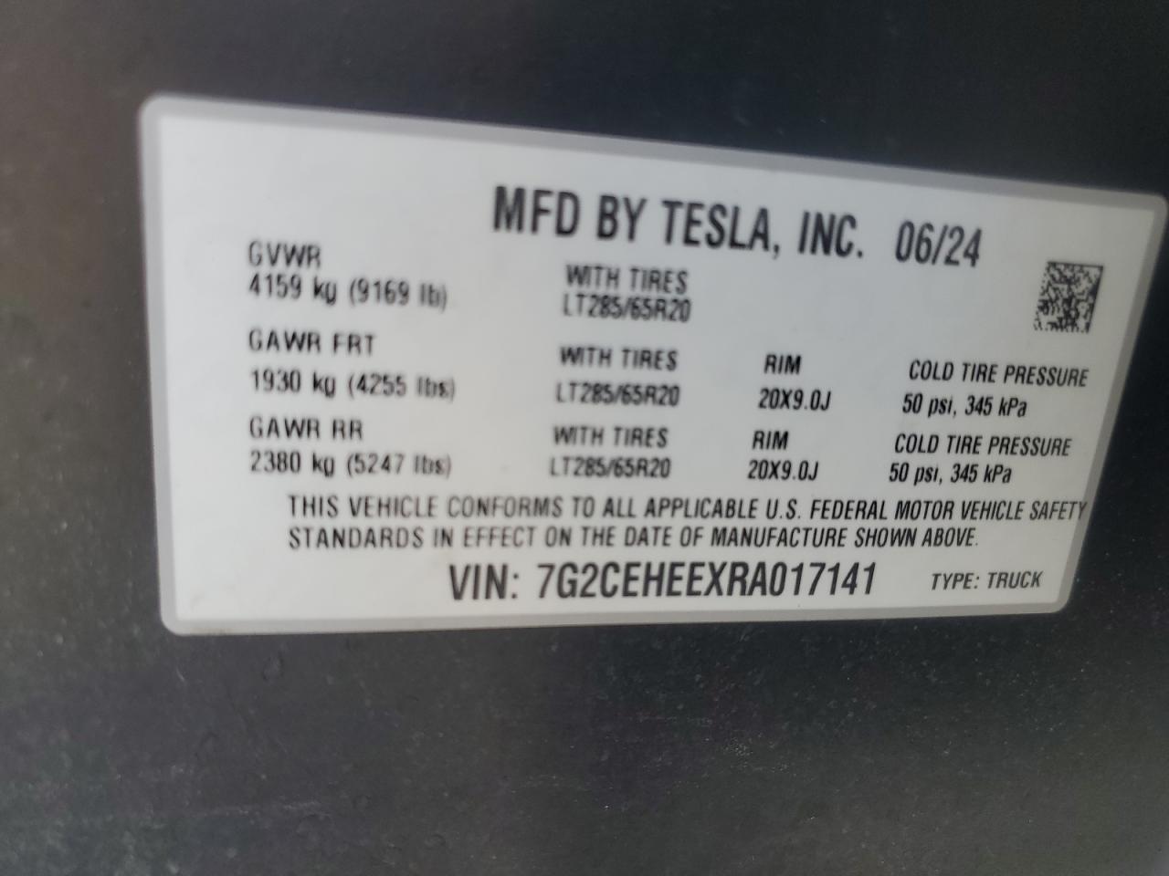 2024 TESLA CYBERTRUCK VIN:7G2CEHEEXRA017141