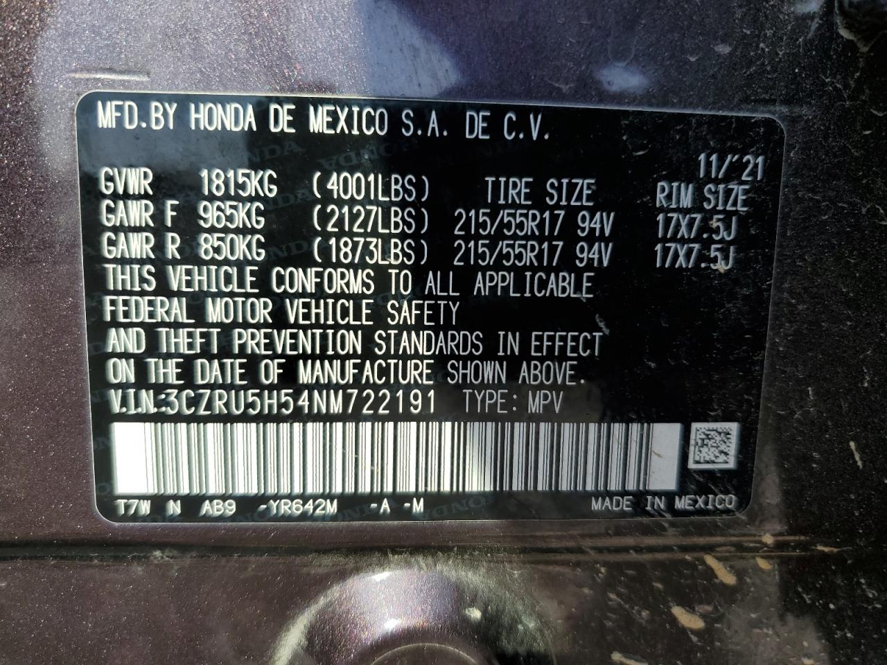 2022 HONDA HR-V EX VIN:3CZRU5H54NM722191