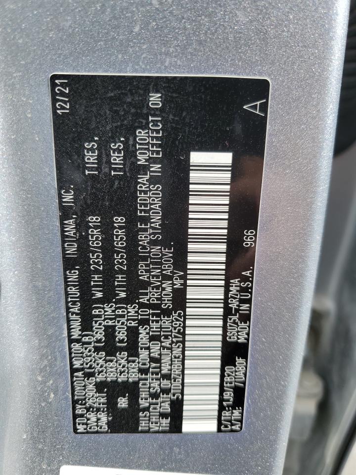 2022 TOYOTA HIGHLANDER XLE VIN:5TDGZRBH3NS175925
