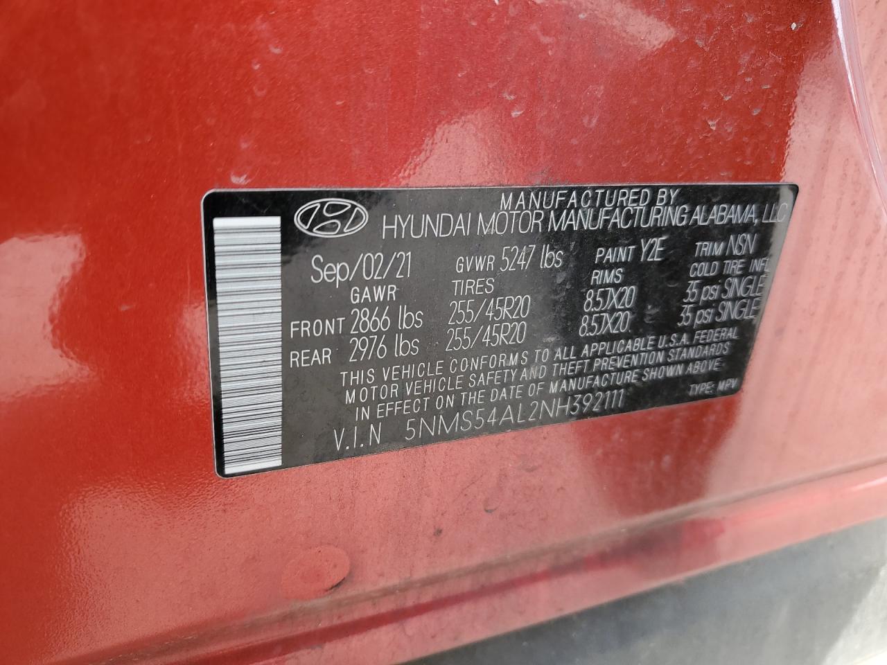 2022 HYUNDAI SANTA FE CALLIGRAPHY VIN:5NMS54AL2NH392111