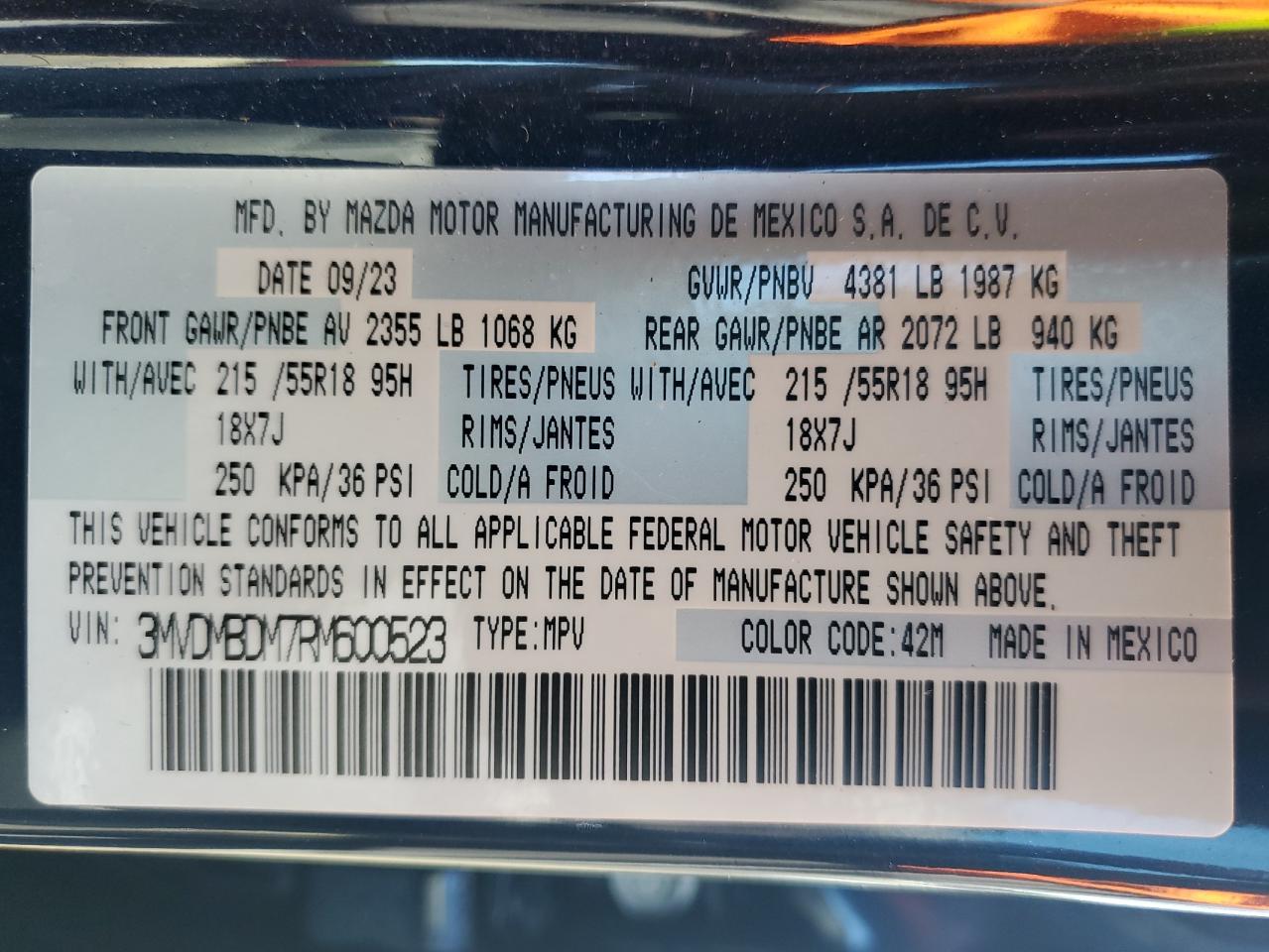 2024 MAZDA CX-30 PREMIUM VIN:3MVDMBDM7RM600523