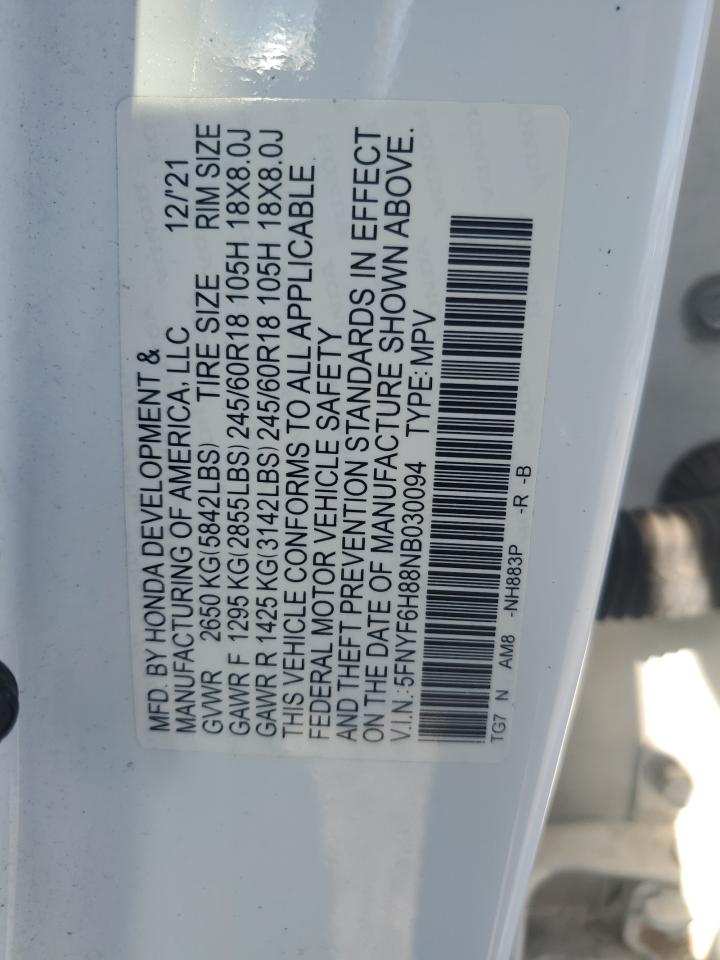 2022 HONDA PILOT TRAILSPORT VIN:5FNYF6H88NB030094