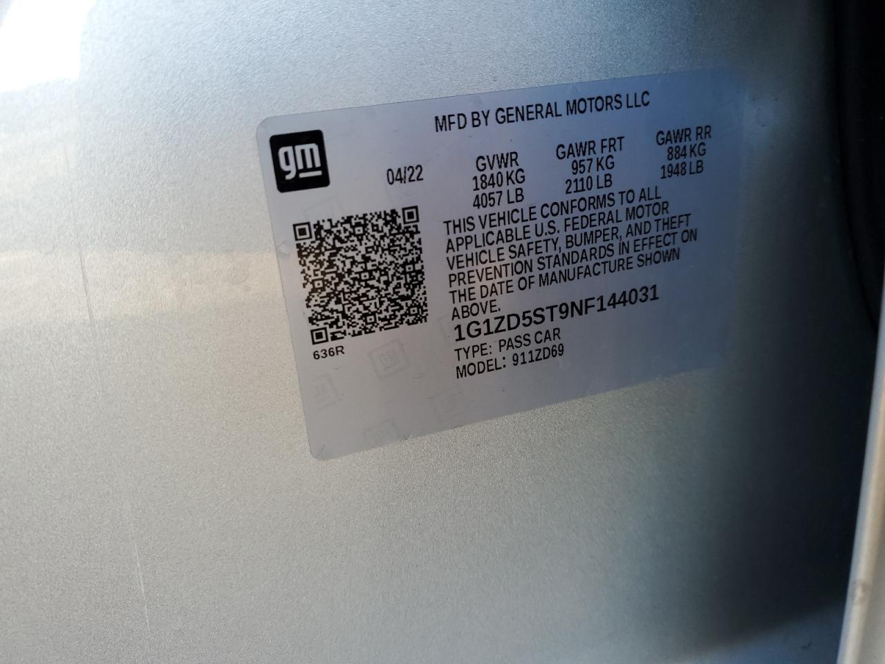 2022 CHEVROLET MALIBU LT VIN:1G1ZD5ST9NF144031