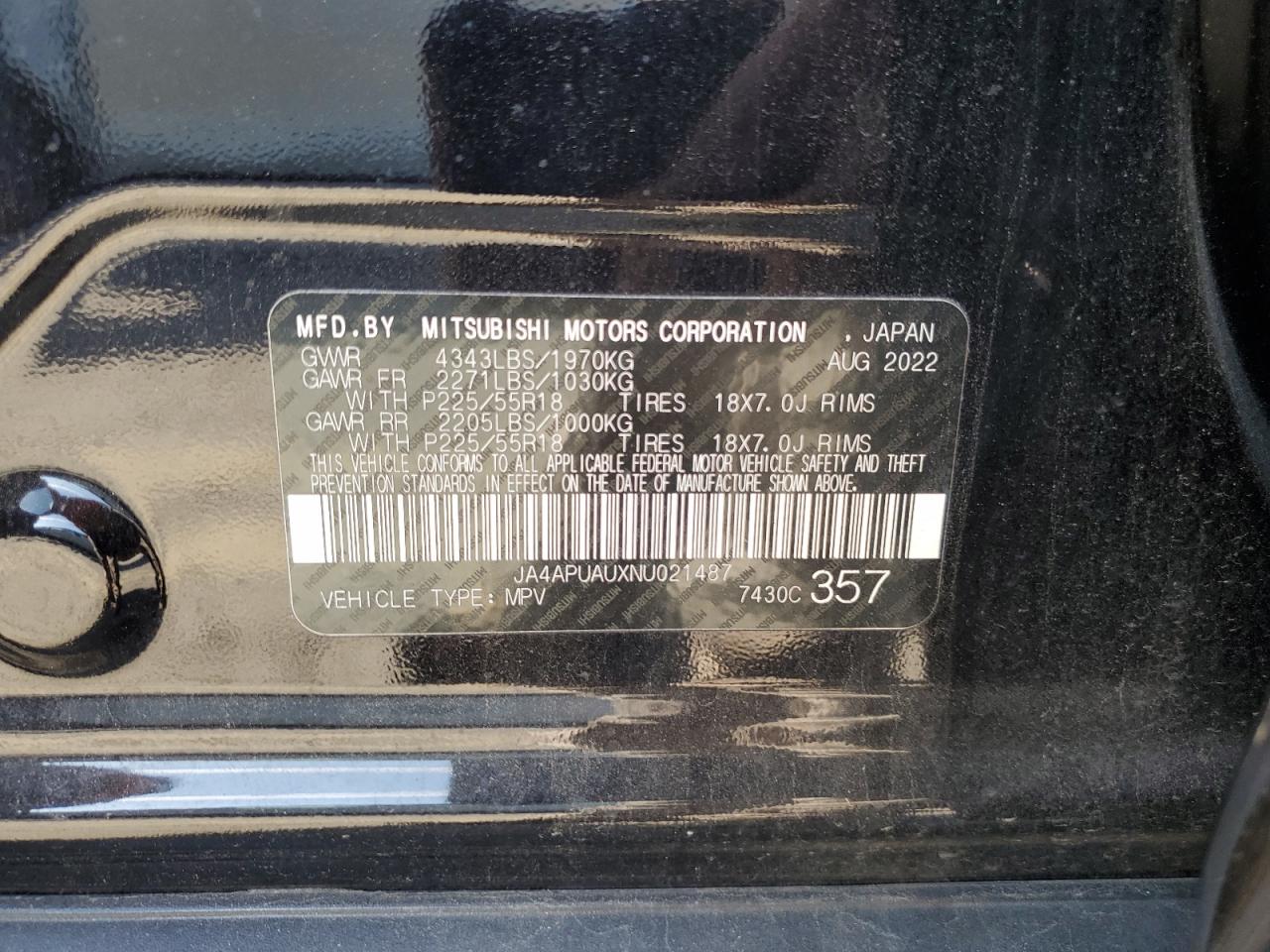 2022 MITSUBISHI OUTLANDER SPORT ES VIN:JA4APUAUXNU021487