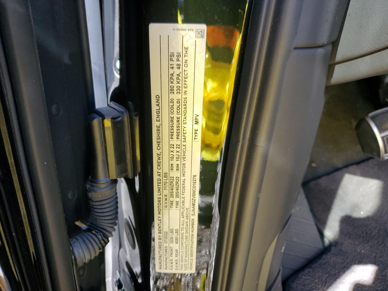 2022 BENTLEY BENTAYGA VIN:SJAAM2ZV6NC016276