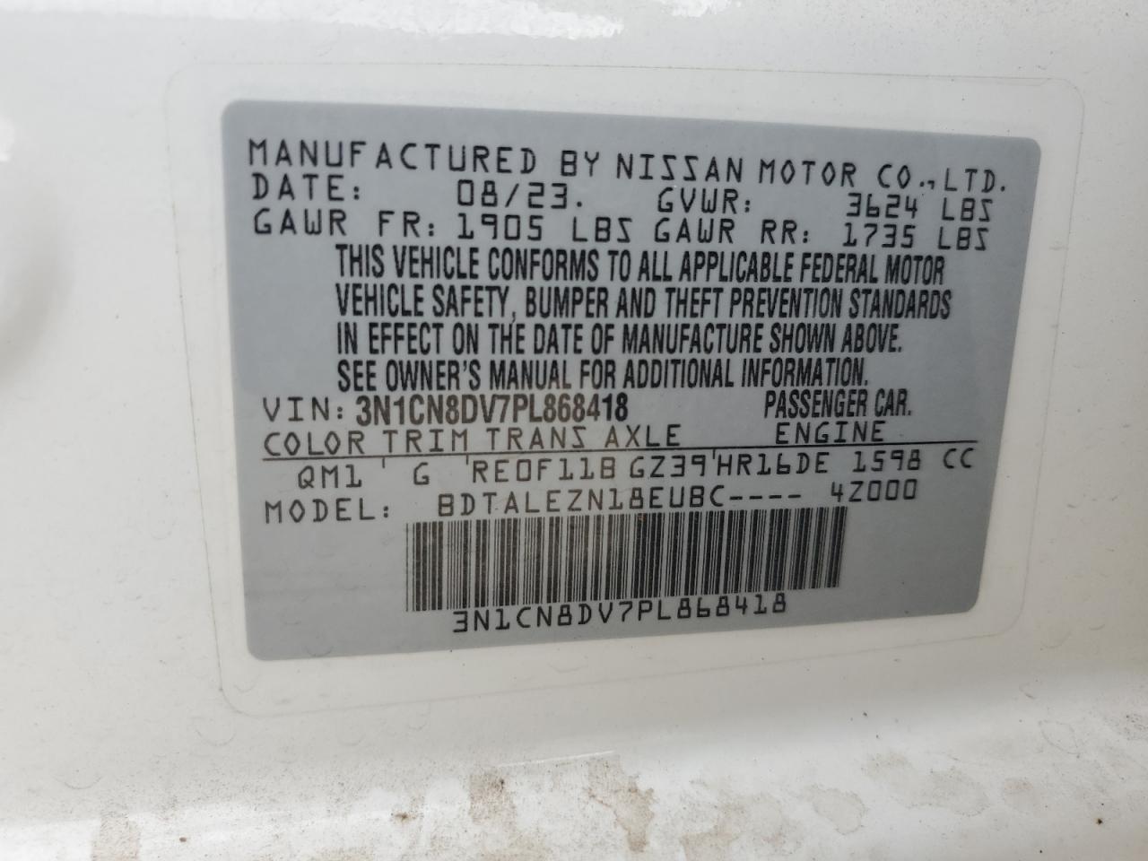2023 NISSAN VERSA S VIN:3N1CN8DV7PL868418