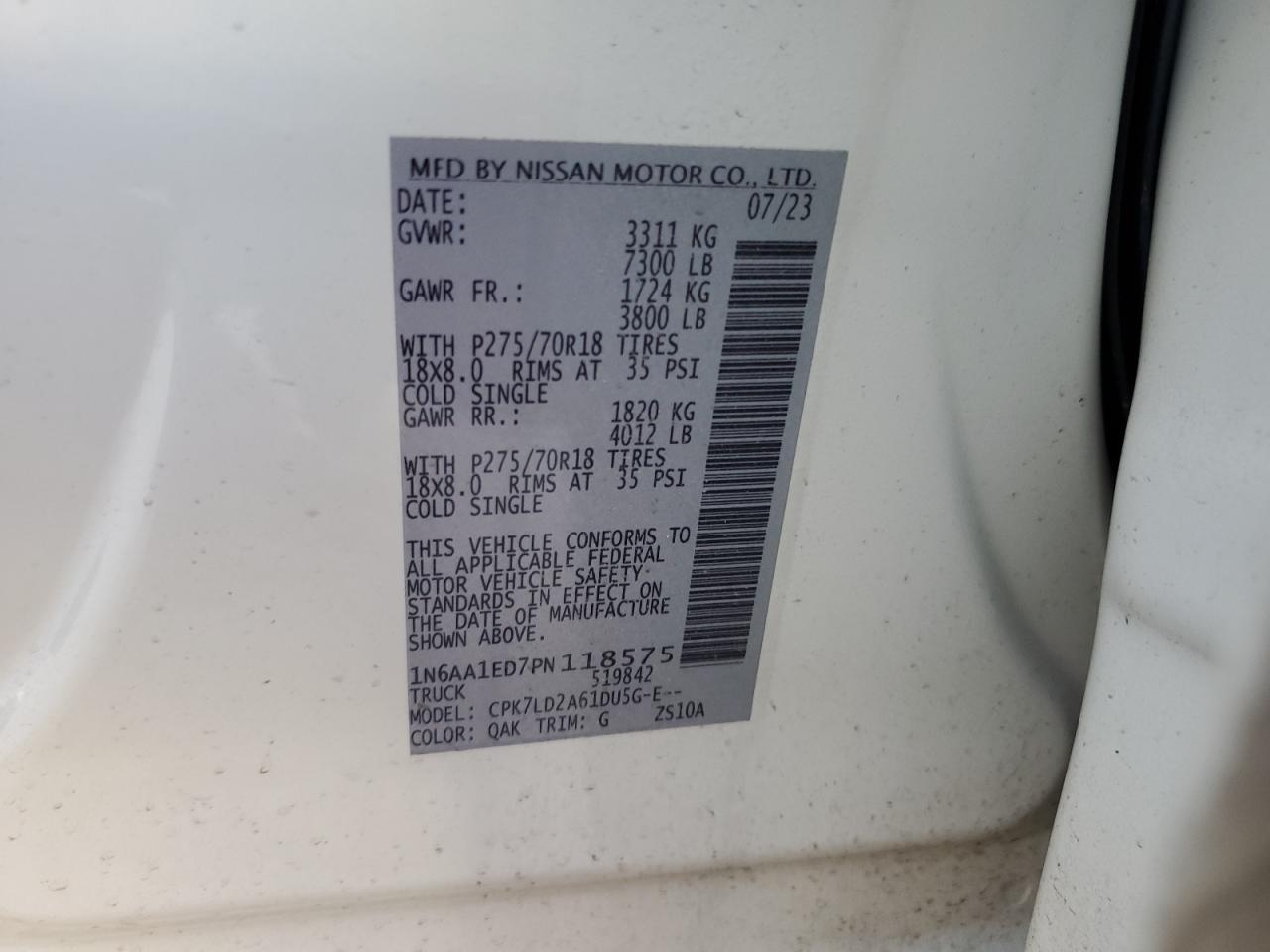 2023 NISSAN TITAN SV VIN:1N6AA1ED7PN118575
