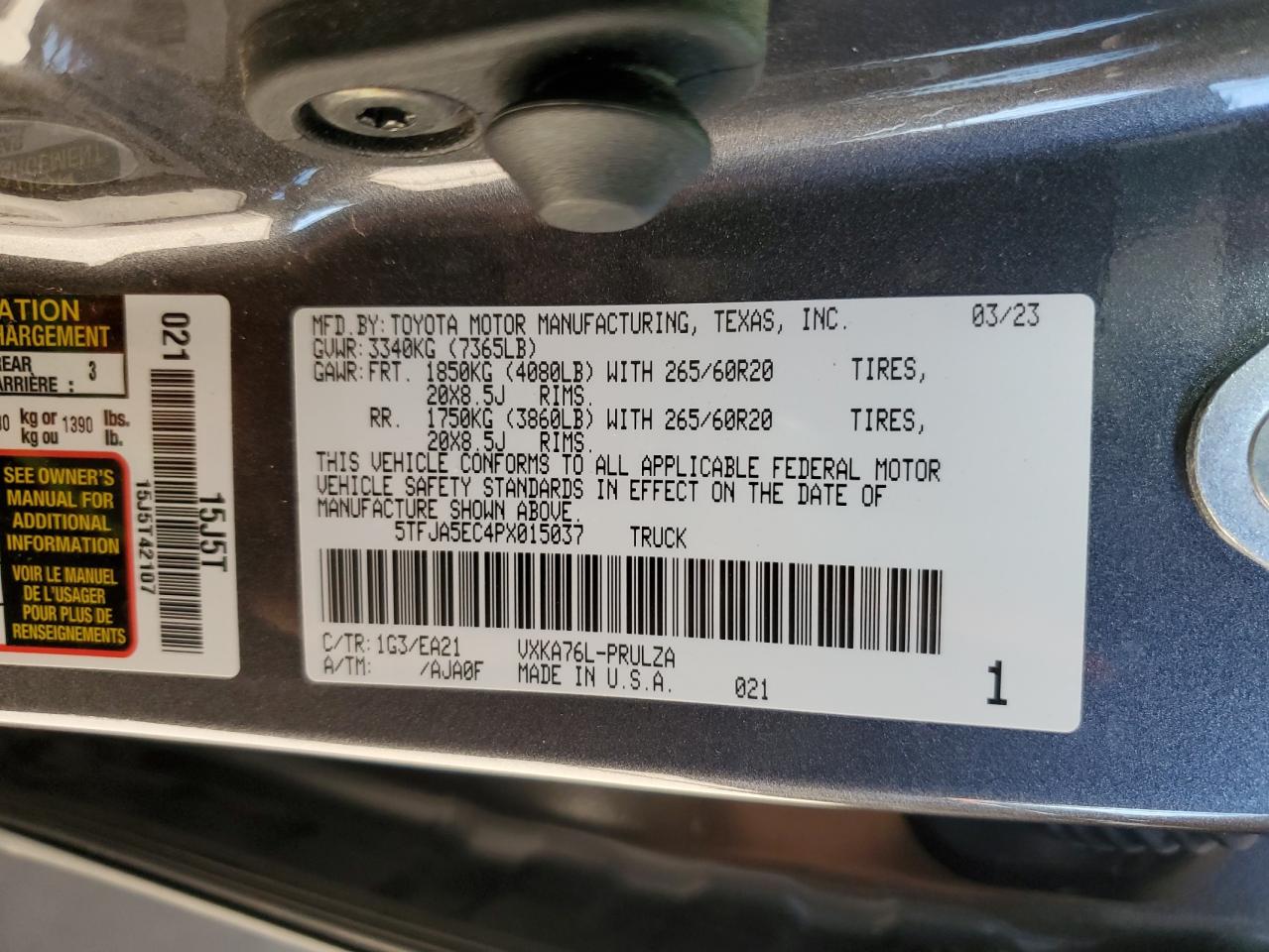 2023 TOYOTA TUNDRA CREWMAX LIMITED VIN:5TFJA5EC4PX015037