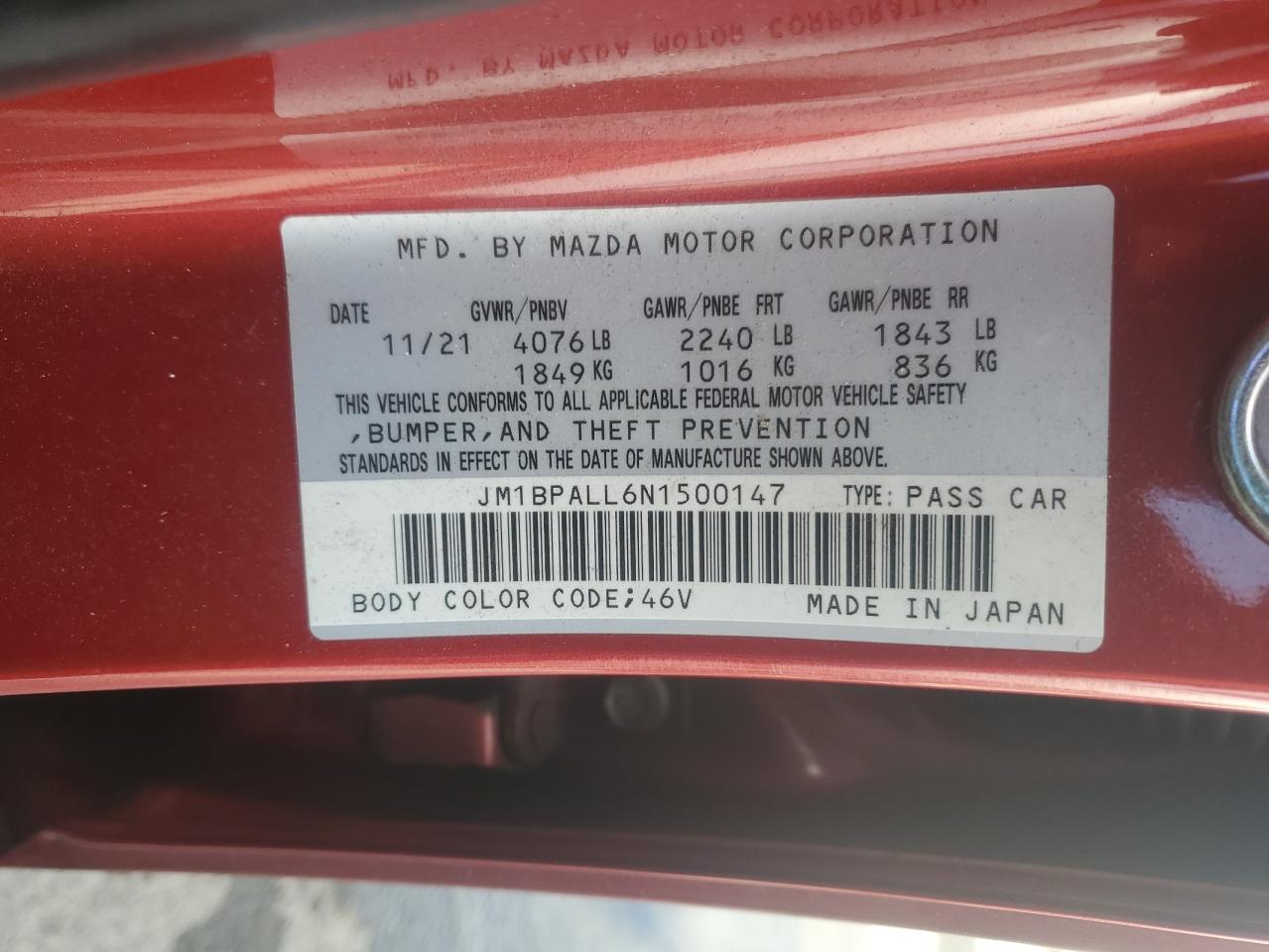 2022 MAZDA 3 PREFERRED VIN:JM1BPALL6N1500147
