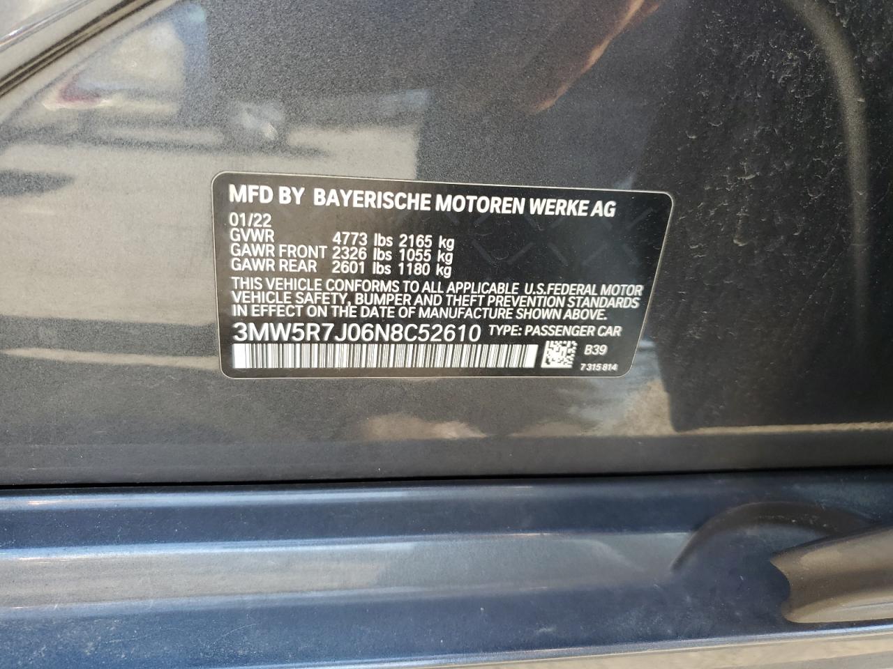 2022 BMW 330XI VIN:3MW5R7J06N8C52610