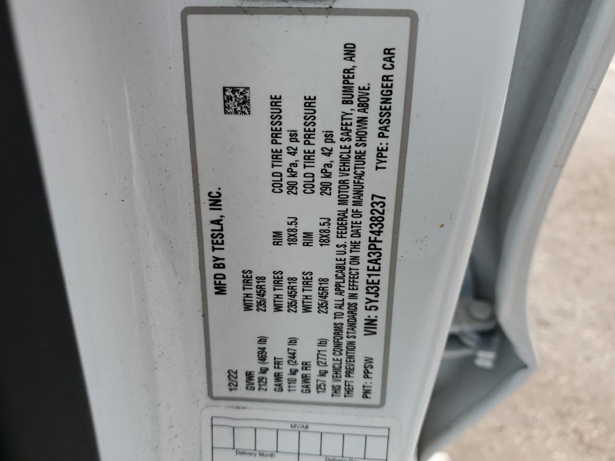2023 TESLA MODEL 3 VIN:5YJ3E1EA3PF438237