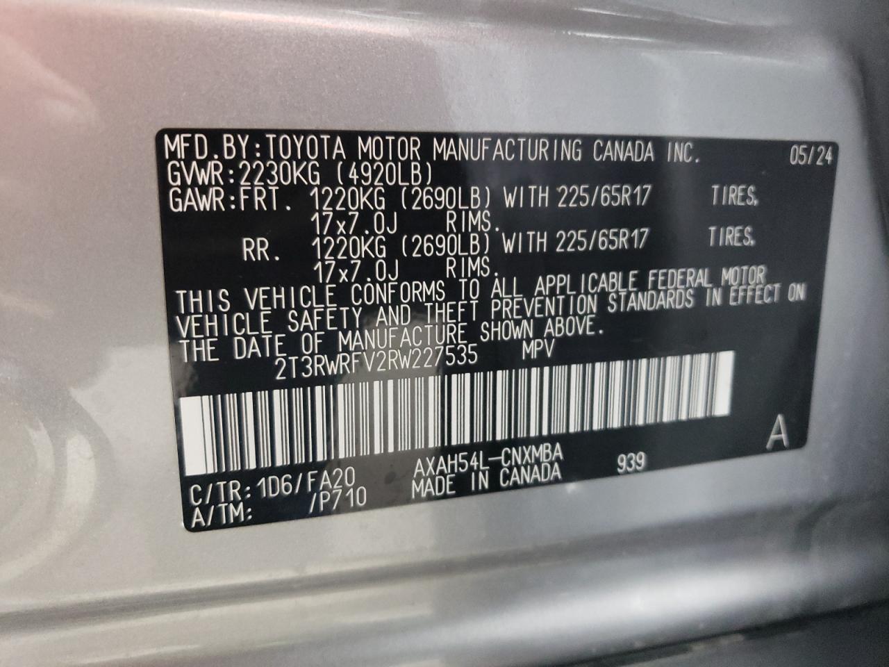 2024 TOYOTA RAV4 XLE VIN:2T3RWRFV2RW227535