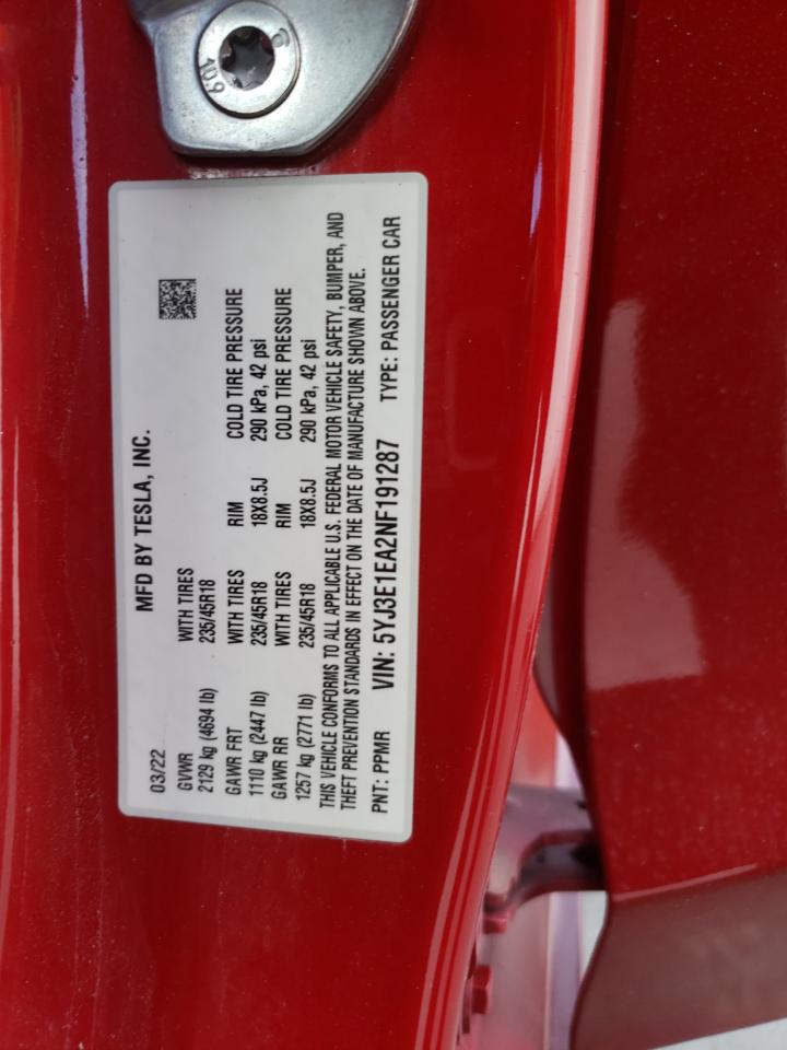 2022 TESLA MODEL 3 VIN:5YJ3E1EA2NF191287
