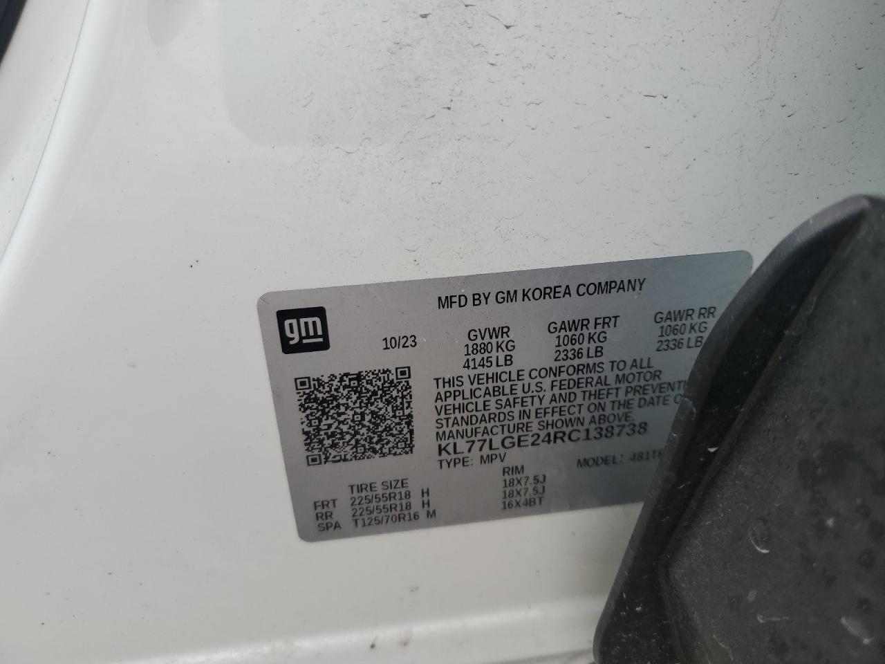 2024 CHEVROLET TRAX 1RS VIN:KL77LGE24RC138738