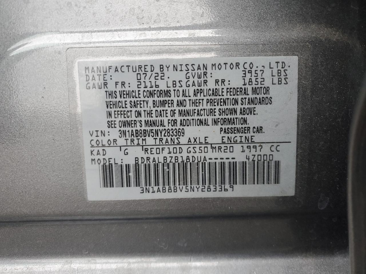 2022 NISSAN SENTRA S VIN:3N1AB8BV5NY283369