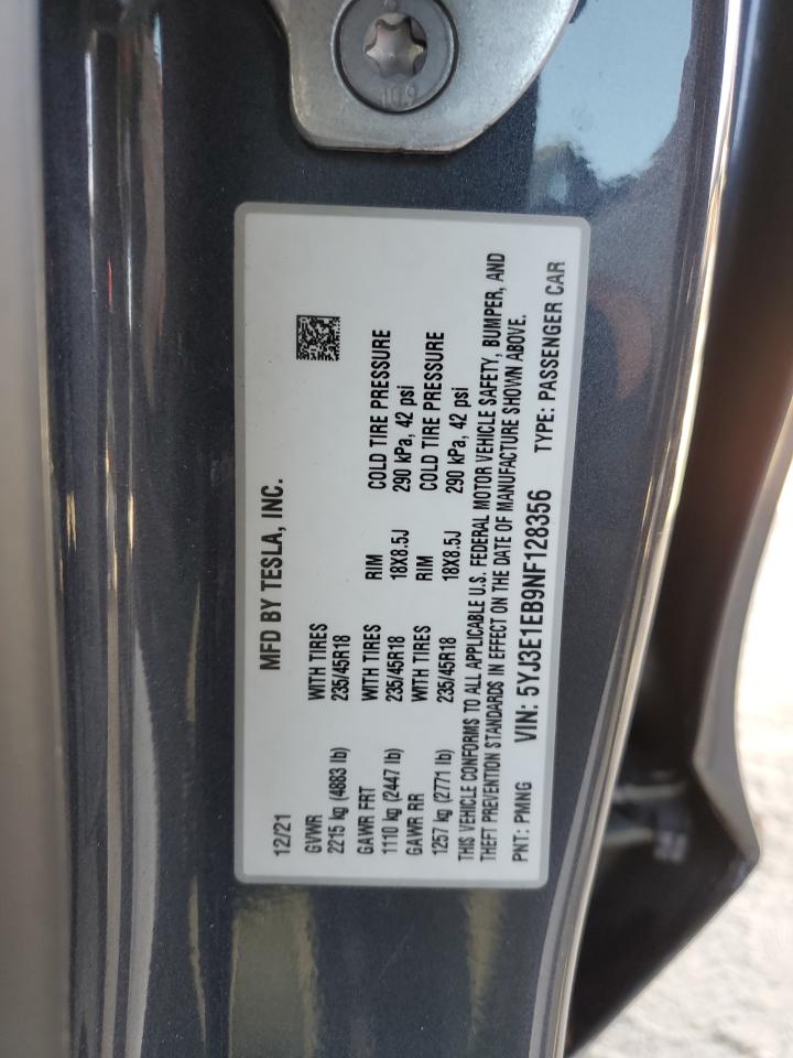 2022 TESLA MODEL 3 VIN:5YJ3E1EB9NF128356
