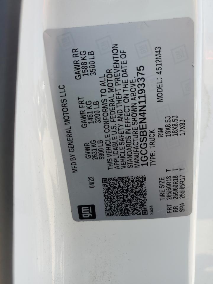 2022 CHEVROLET COLORADO VIN:1GCGSBEN4N1193375