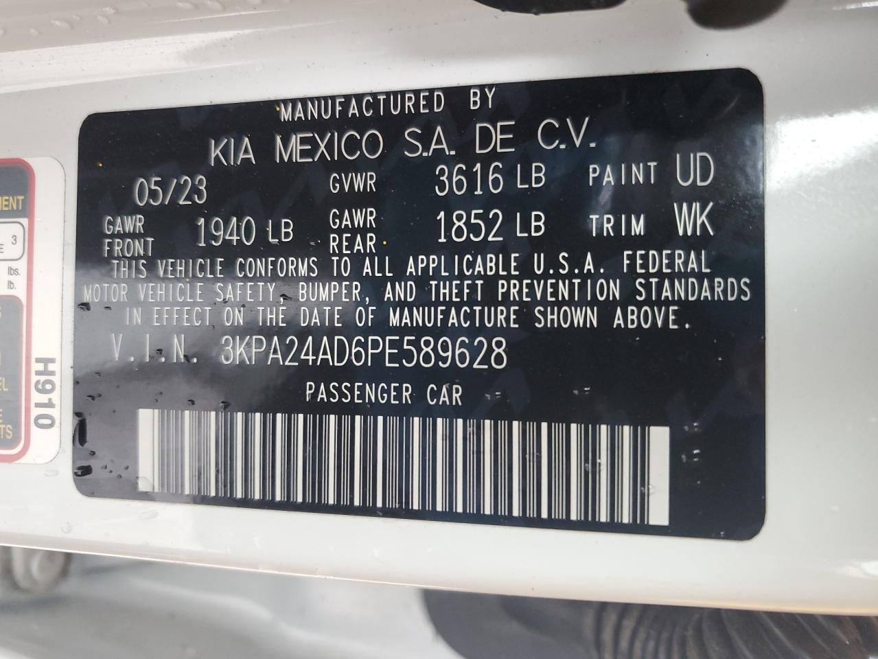 2023 KIA RIO LX VIN:3KPA24AD6PE589628