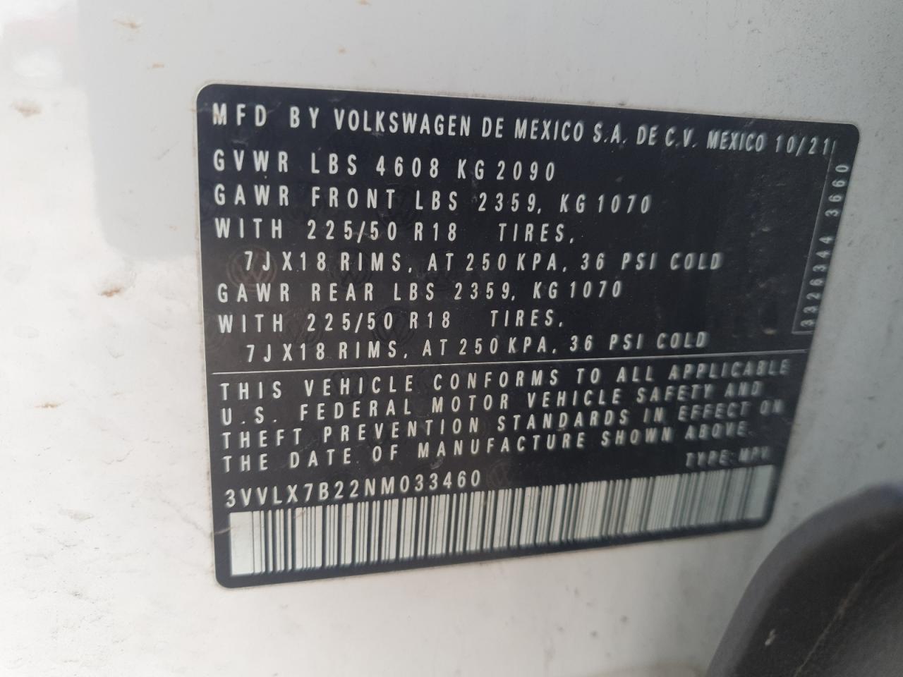 2022 VOLKSWAGEN TAOS SE IQ DRIVE VIN:3VVLX7B22NM033460
