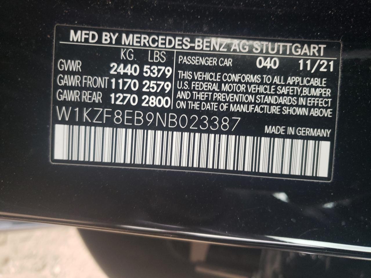2022 MERCEDES-BENZ E 350 4MATIC VIN:W1KZF8EB9NB023387