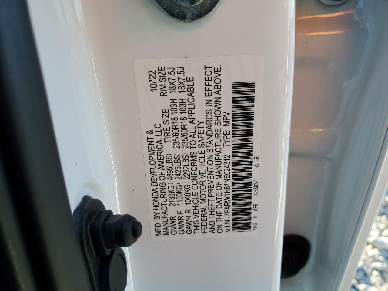 2022 HONDA CR-V EXL VIN:7FARW1H81NE024312