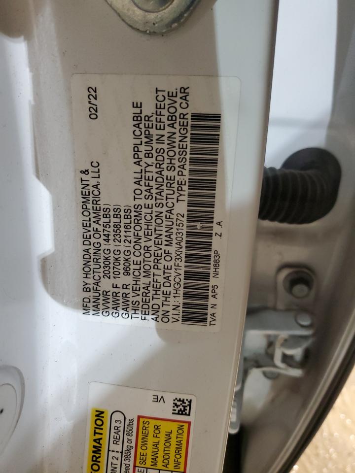 2022 HONDA ACCORD SPORT VIN:1HGCV1F3XNA031572