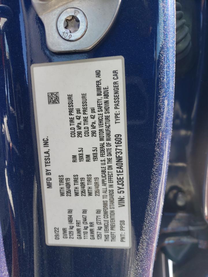 2022 TESLA MODEL 3 VIN:5YJ3E1EA0NF371609