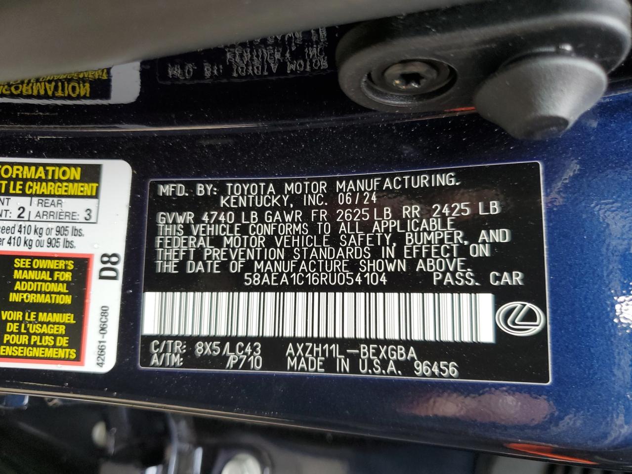 2024 LEXUS ES 300H BASE VIN:58AEA1C16RU054104