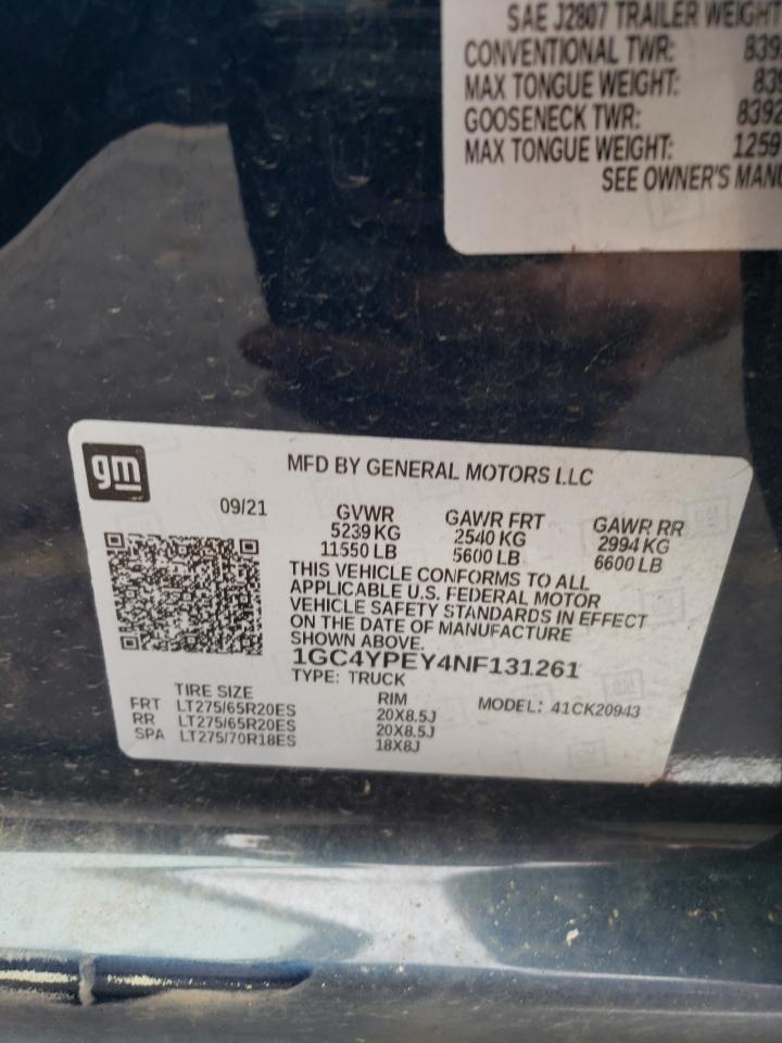 2022 CHEVROLET SILVERADO K2500 HEAVY DUTY LTZ VIN:1GC4YPEY4NF131261