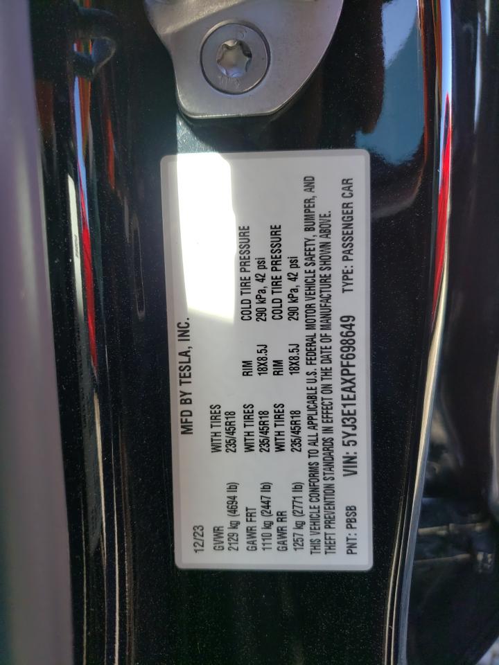2023 TESLA MODEL 3 VIN:5YJ3E1EAXPF698649