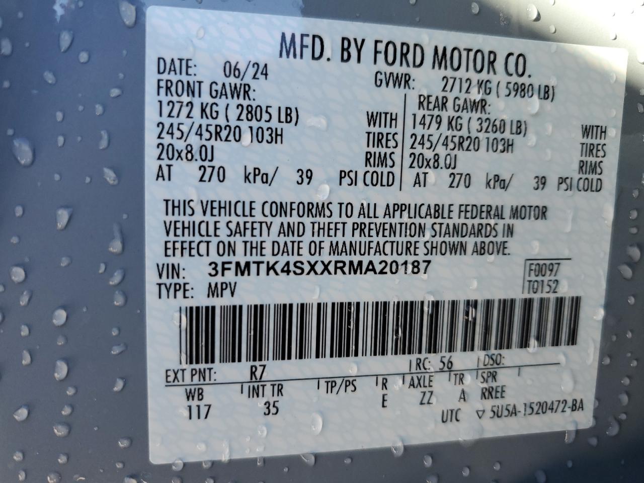 2024 FORD MUSTANG MACH-E GT VIN:3FMTK4SXXRMA20187