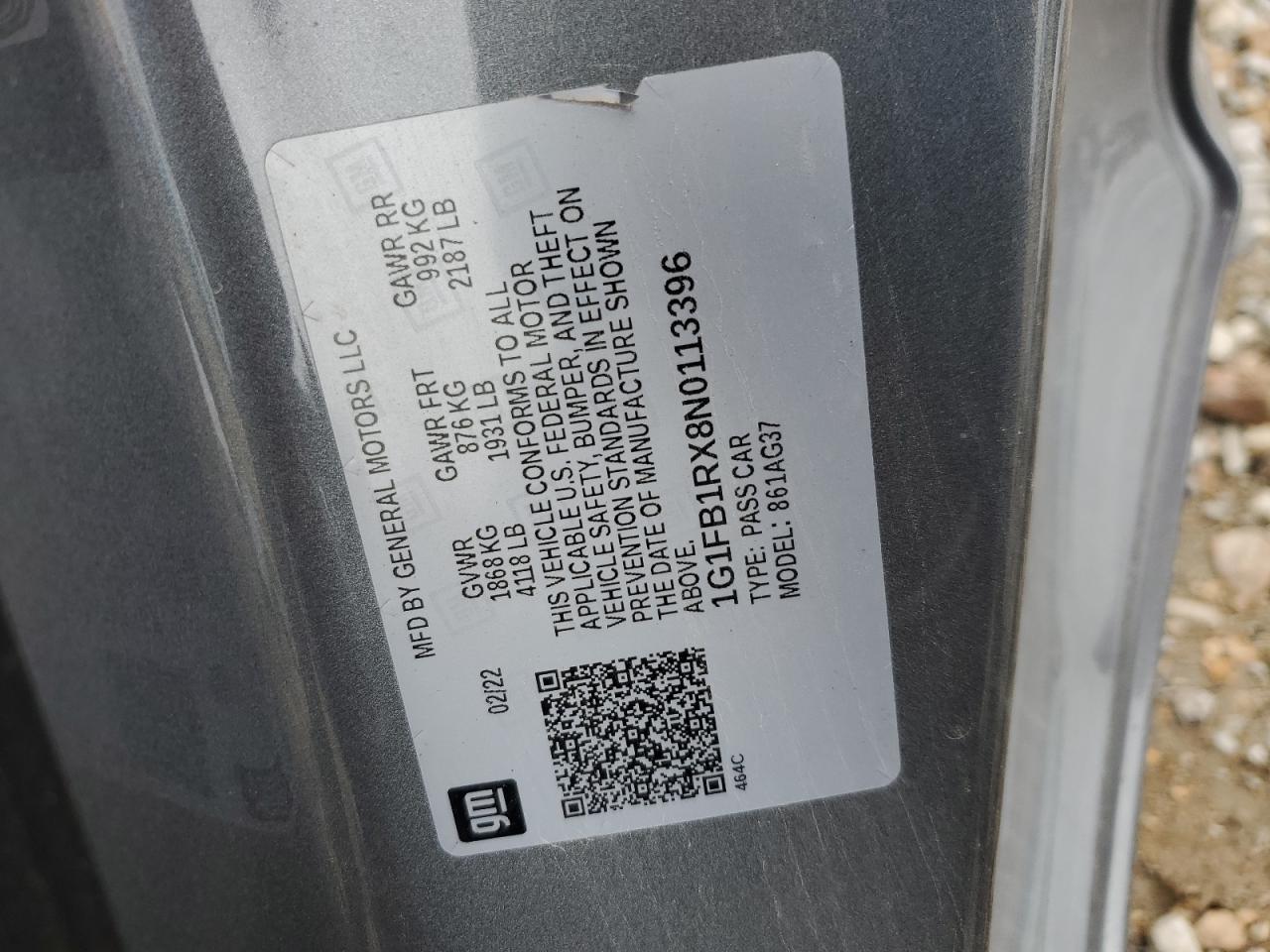 2022 CHEVROLET CAMARO LS VIN:1G1FB1RX8N0113396