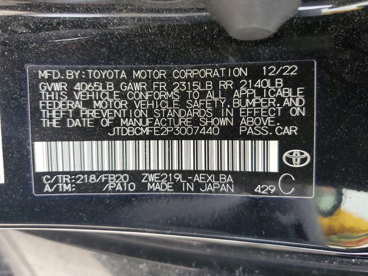 2023 TOYOTA COROLLA LE VIN:JTDBCMFE2P3007440