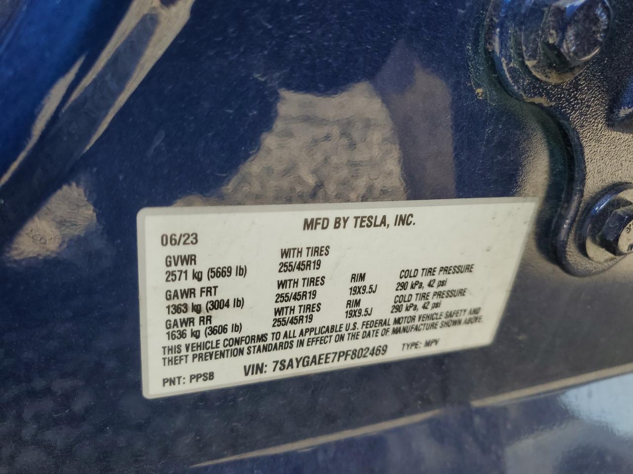 2023 TESLA MODEL Y VIN:7SAYGAEE7PF802469