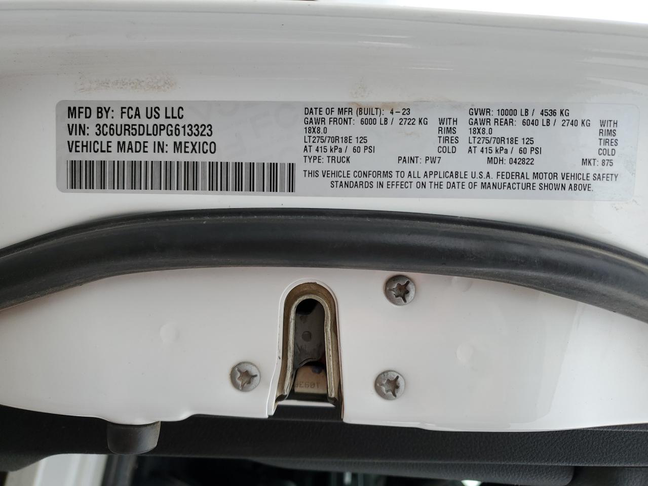 2023 RAM 2500 BIG HORN VIN:3C6UR5DL0PG613323