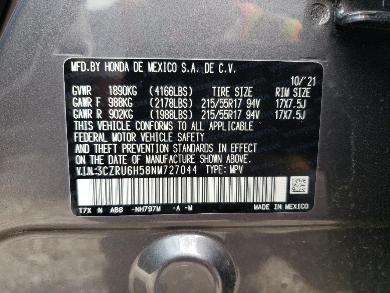 2022 HONDA HR-V EX VIN:3CZRU6H58NM727044