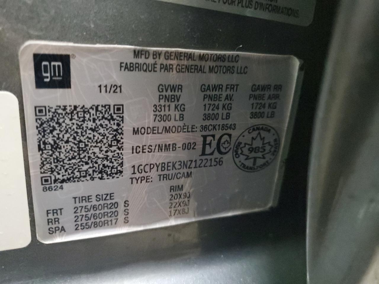 2022 CHEVROLET SILVERADO LTD K1500 CUSTOM VIN:1GCPYBEK3NZ122156