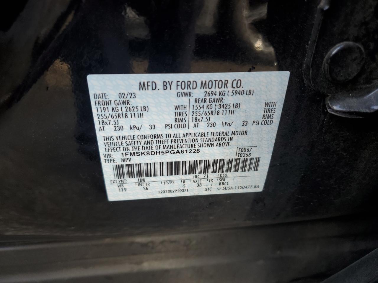 2023 FORD EXPLORER XLT VIN:1FMSK8DH5PGA61228