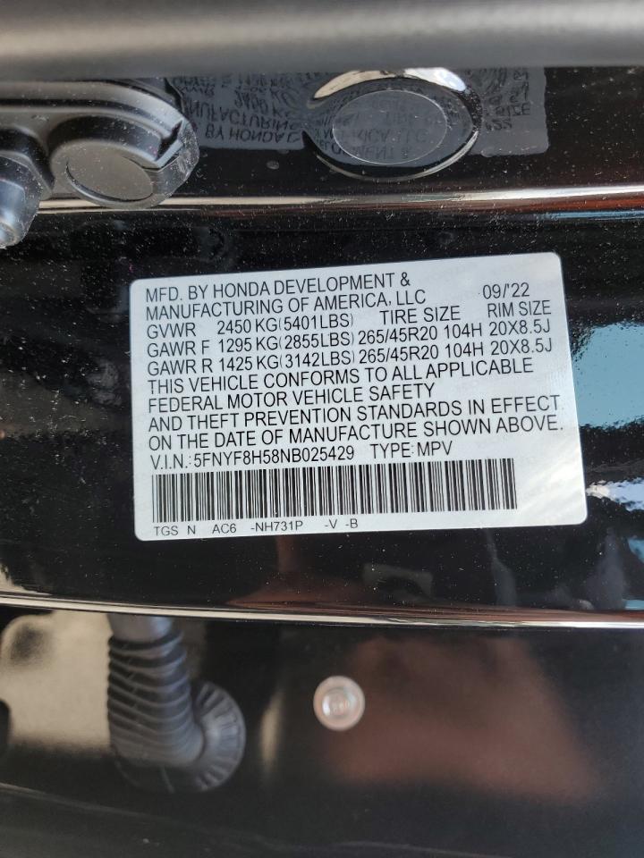 2022 HONDA PASSPORT EXL VIN:5FNYF8H58NB025429