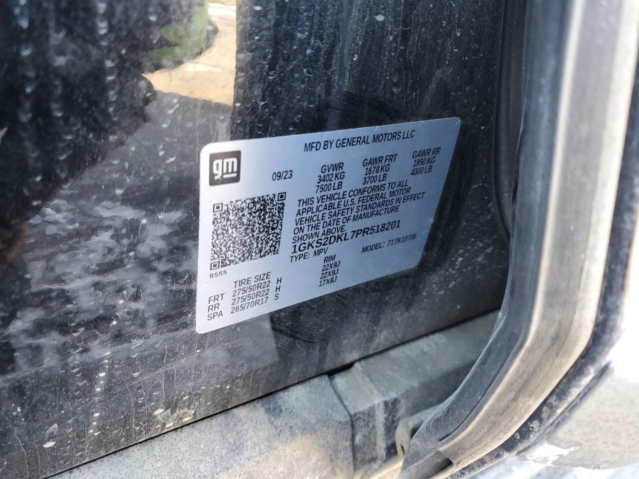 2023 GMC YUKON DENALI VIN:1GKS2DKL7PR518201