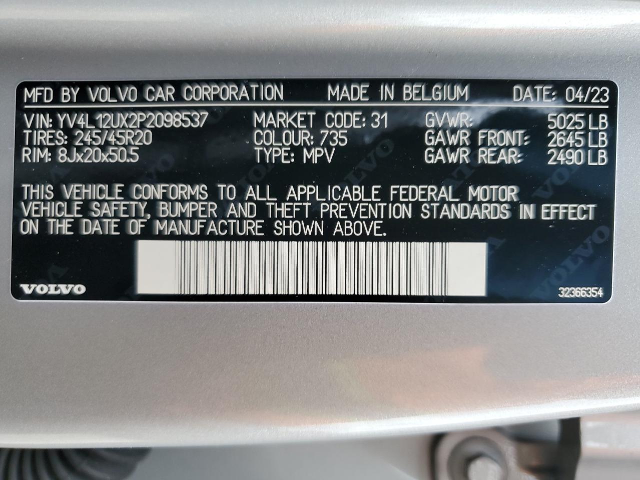 2023 VOLVO XC40 ULTIMATE VIN:YV4L12UX2P2098537