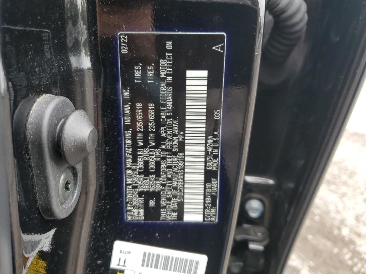 2022 TOYOTA HIGHLANDER L VIN:5TDCZRBHXNS199198