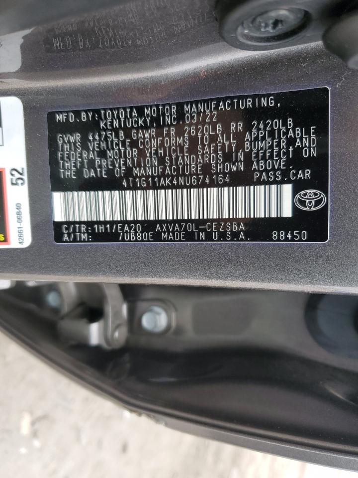 2022 TOYOTA CAMRY SE VIN:4T1G11AK4NU674164