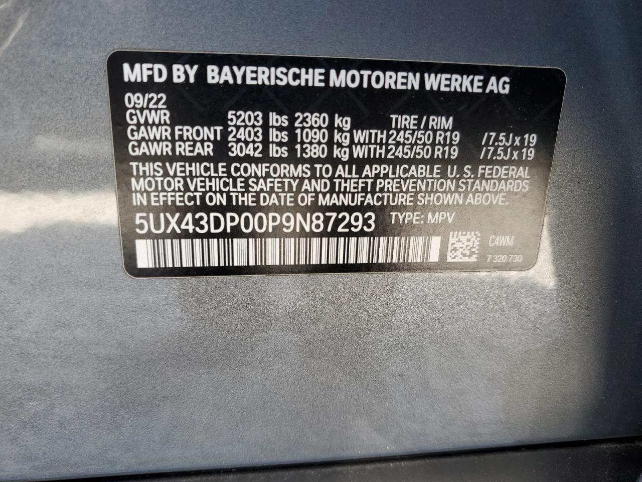 2023 BMW X3 SDRIVE30I VIN:5UX43DP00P9N87293