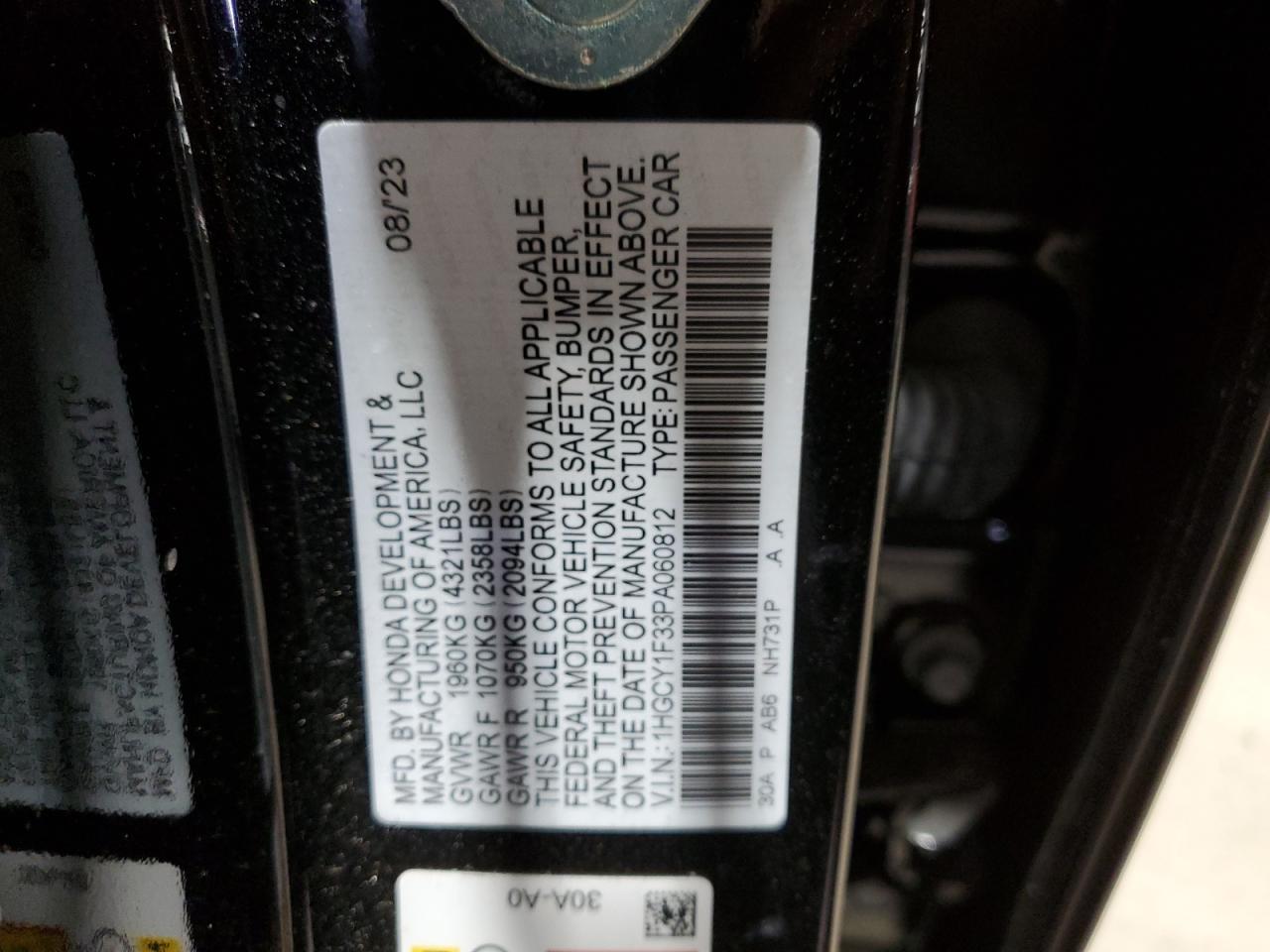 2023 HONDA ACCORD EX VIN:1HGCY1F33PA060812