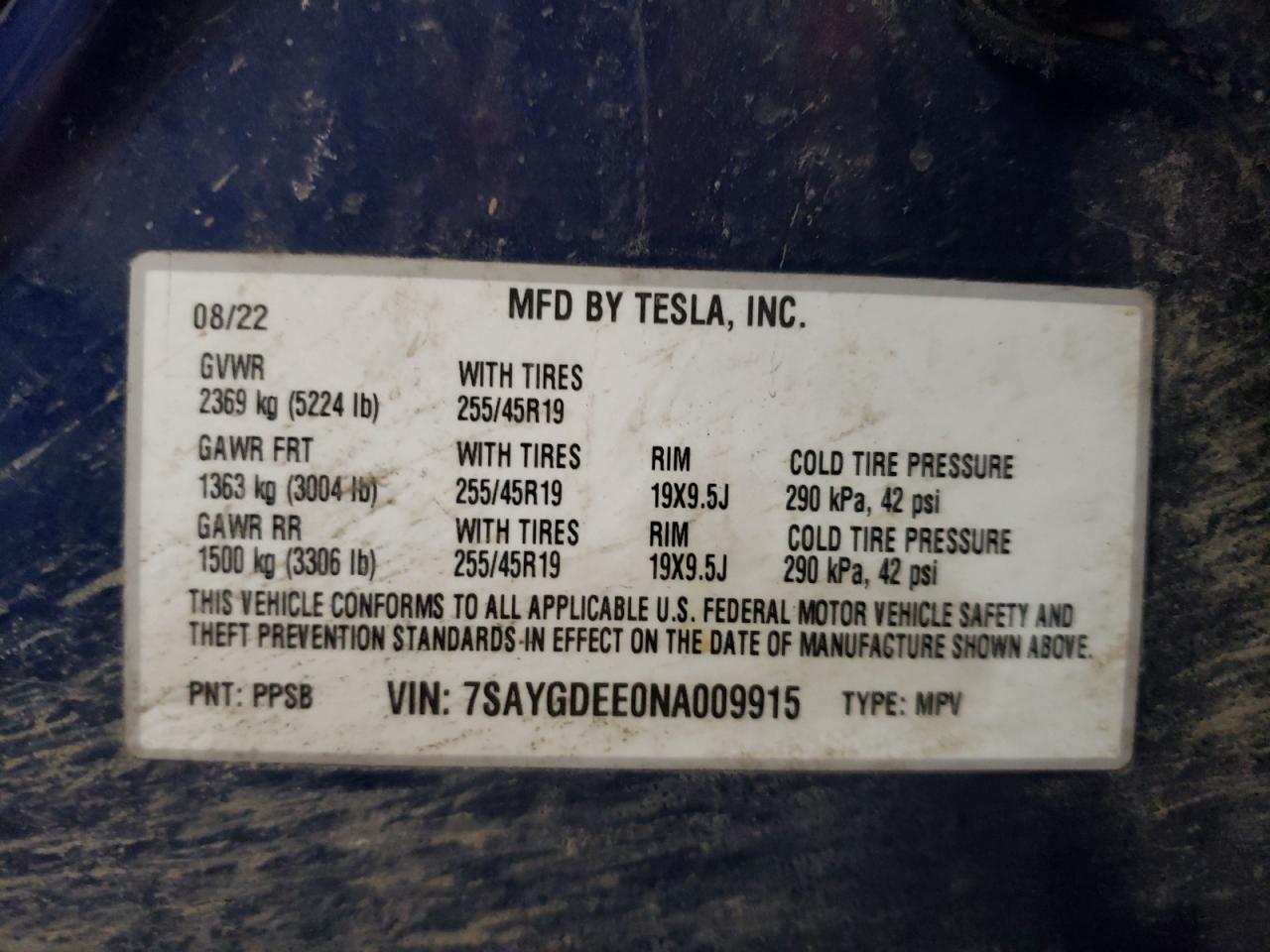 2022 TESLA MODEL Y VIN:7SAYGDEE0NA009915
