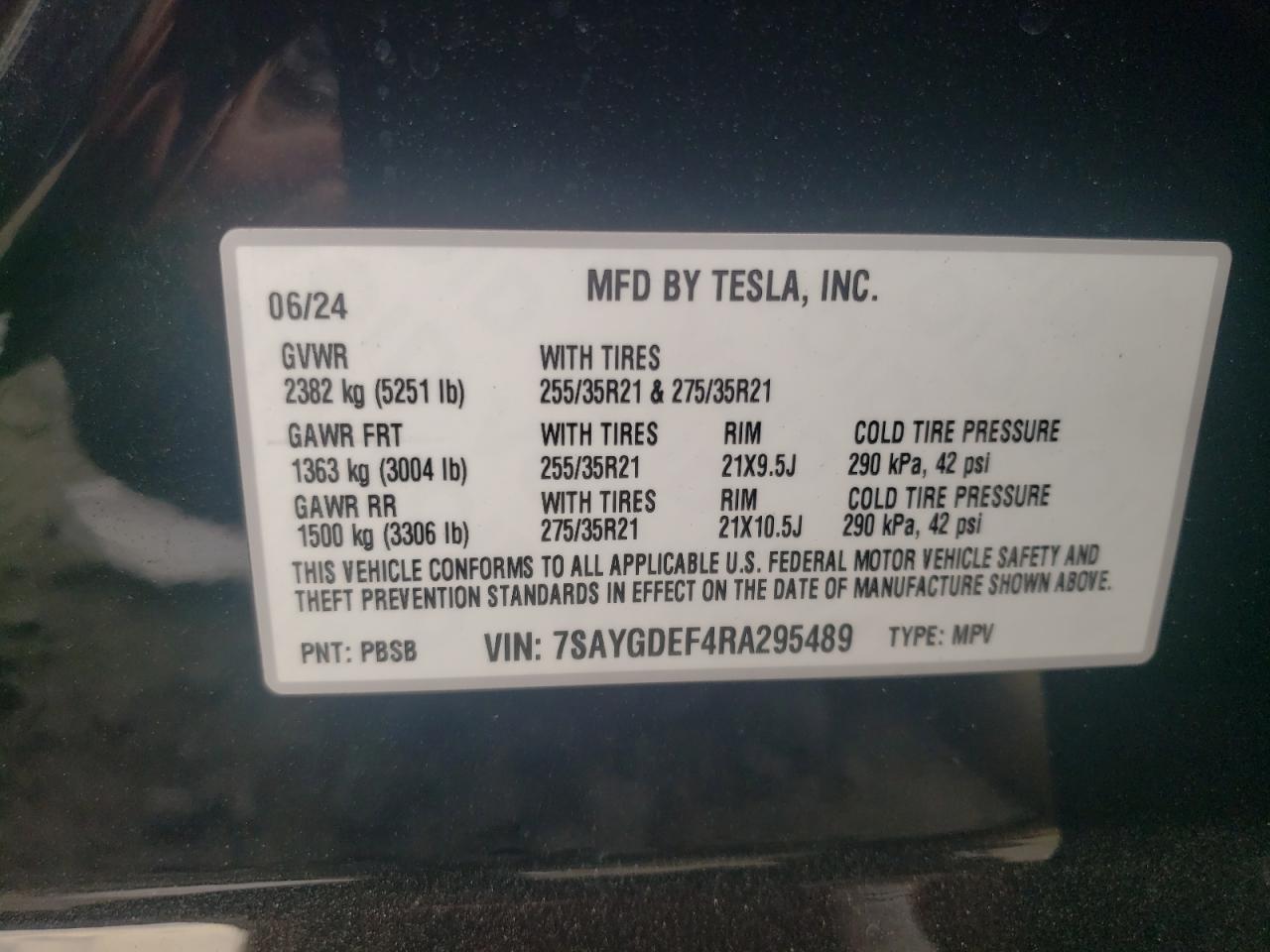 2024 TESLA MODEL Y VIN:7SAYGDEF4RA295489